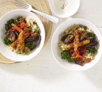 Roasted harissa vegetables with kale & ginger pilaf recipe | BBC ...