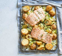 Creamy salmon, leek & potato traybake recipe | BBC Good Food